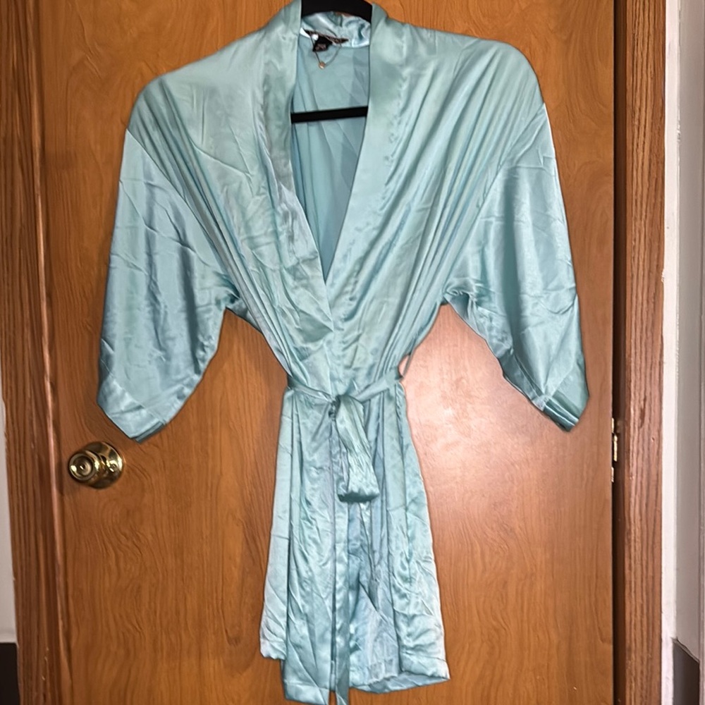 Victoria’s Secret VS Satin Teal blue Teddy Robe Womens Size M/L